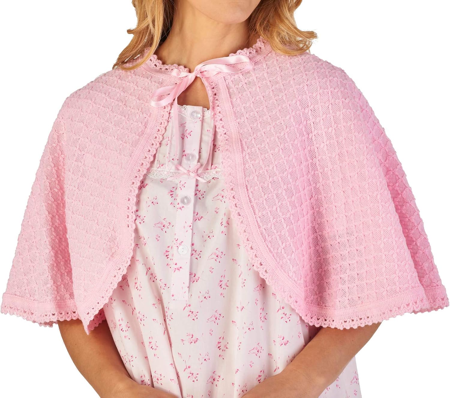 Slenderella Ladies Diamond Pattern Bed Cape Ribbon Tie Bedjacket with Crochet Trim (Blue or Pink