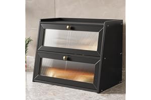 Bamboo Bread Box for Kitchen Counter, Wooden Large Capacity Bread Storage Bin with Window Bread Holder (Black, Double Layer)