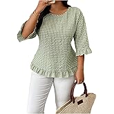 WDIRARA Women's Plus Size Plaid Gingham Blouse 3/4 Sleeve Crew Neck Ruffle Hem Tops