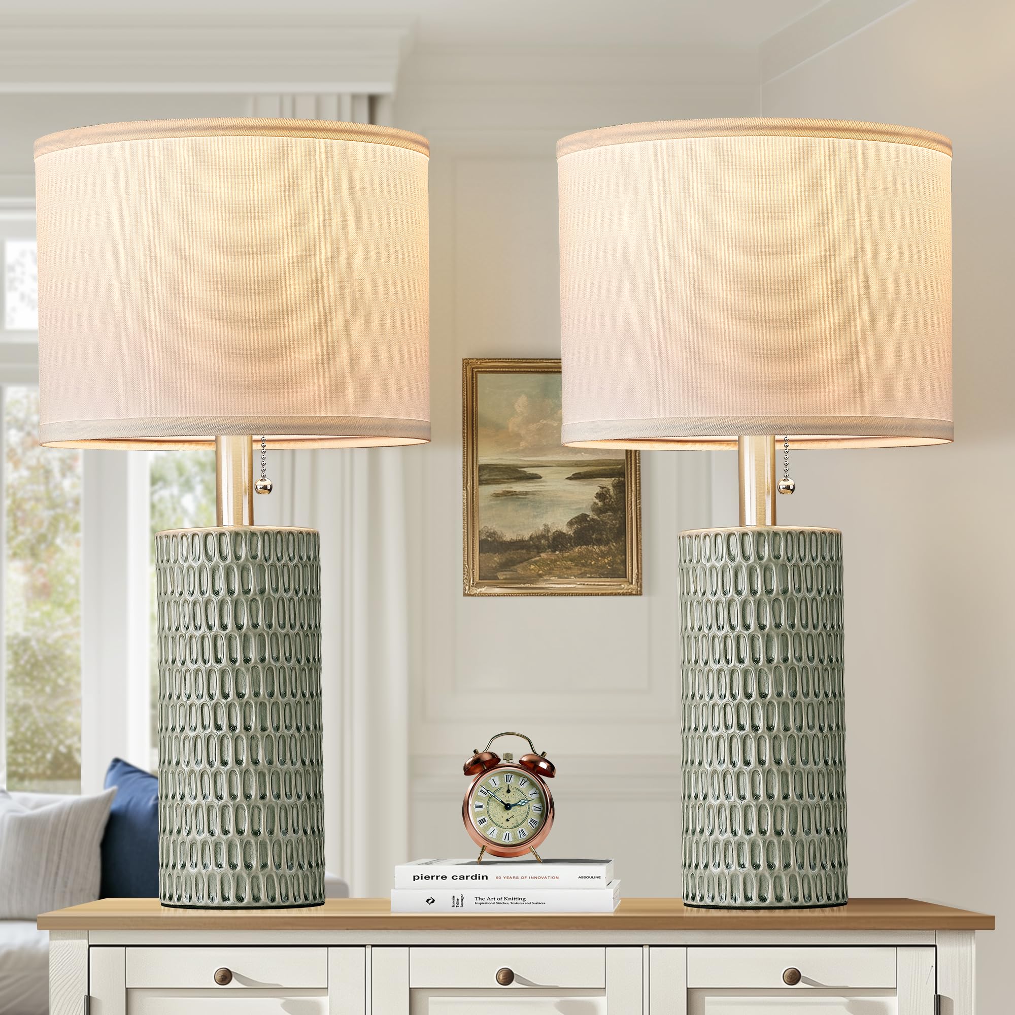 Reaketon Table Lamps for Living Room Set of 2, Ceramic Table Lamps for Bedroom, 20" Modern Lamps for Night Stands, Green Image