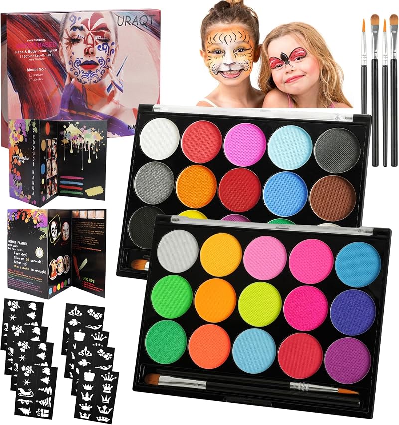 URAQT Face Paint Kit 15 Color + 15 Neon Fluorescent UV Paints 2 Brushes 80
