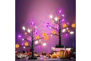 SAKAYO [Timer] 2 Pack 18" Black Halloween Tree, 48 LED Spooky Lighted Halloween Table Decor with Pumpkin Bat Ghost Lights, USB/Battery Operated Halloween Decorations Indoor Birch Tree for Home Party Mantle
