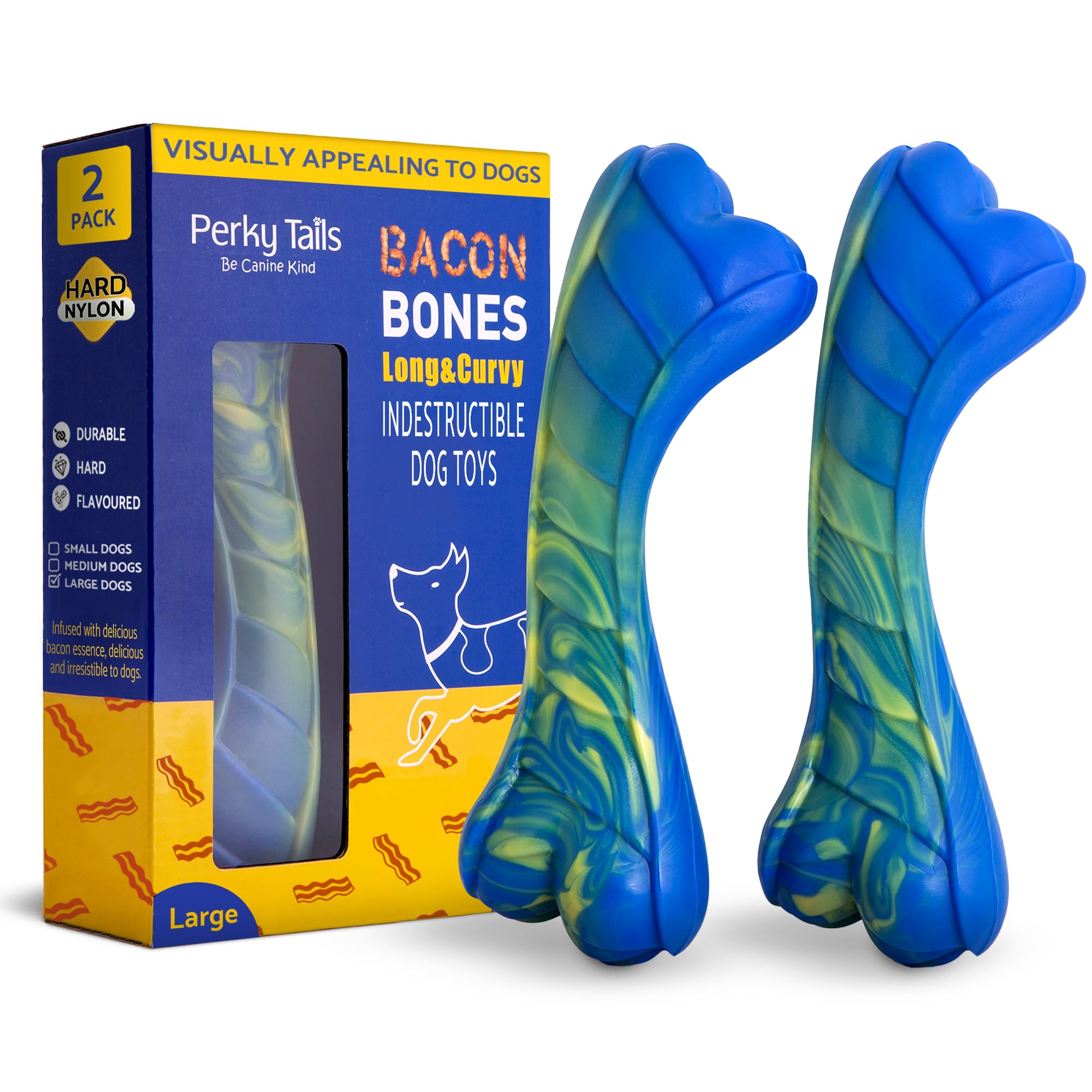 Perky Tails - Almost Indestructible Dog Toys for Large Dogs – Heavy Duty Plastic Dog Toys for Aggressive Chewers, Made from Hard Nylon with Delicious Bacon Flavour, 2-Pack