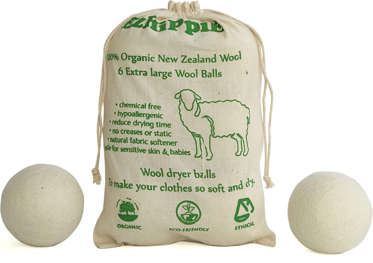 Ezhippie Quality Wool Dryer Balls, 6 XL Pack, 1000+ Loads, Pure Organic Wool
