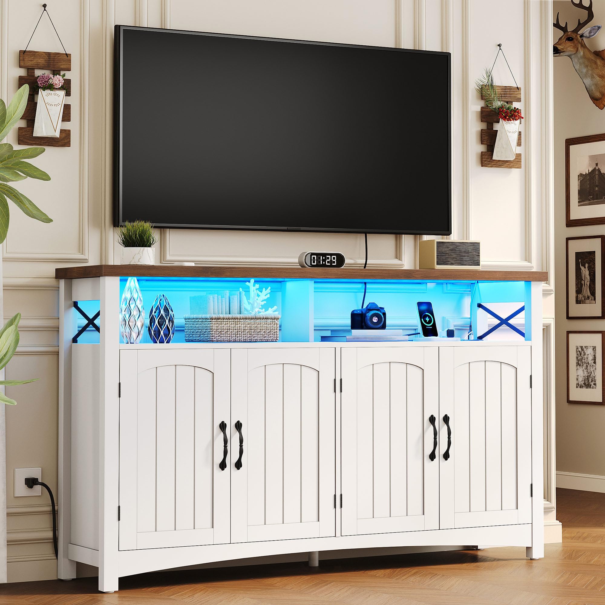 Photo 1 of ***MINOR CRACK UNDERNEATH THE WOOD, PLEASE SEE PICTURE****DWVO Farmhouse TV Stand for 60 inch TVs, LED Entertainment Center with Storage, TV Console with Power Outlets, Wooden TV Table with Shelves for Living Room (Rustic White)