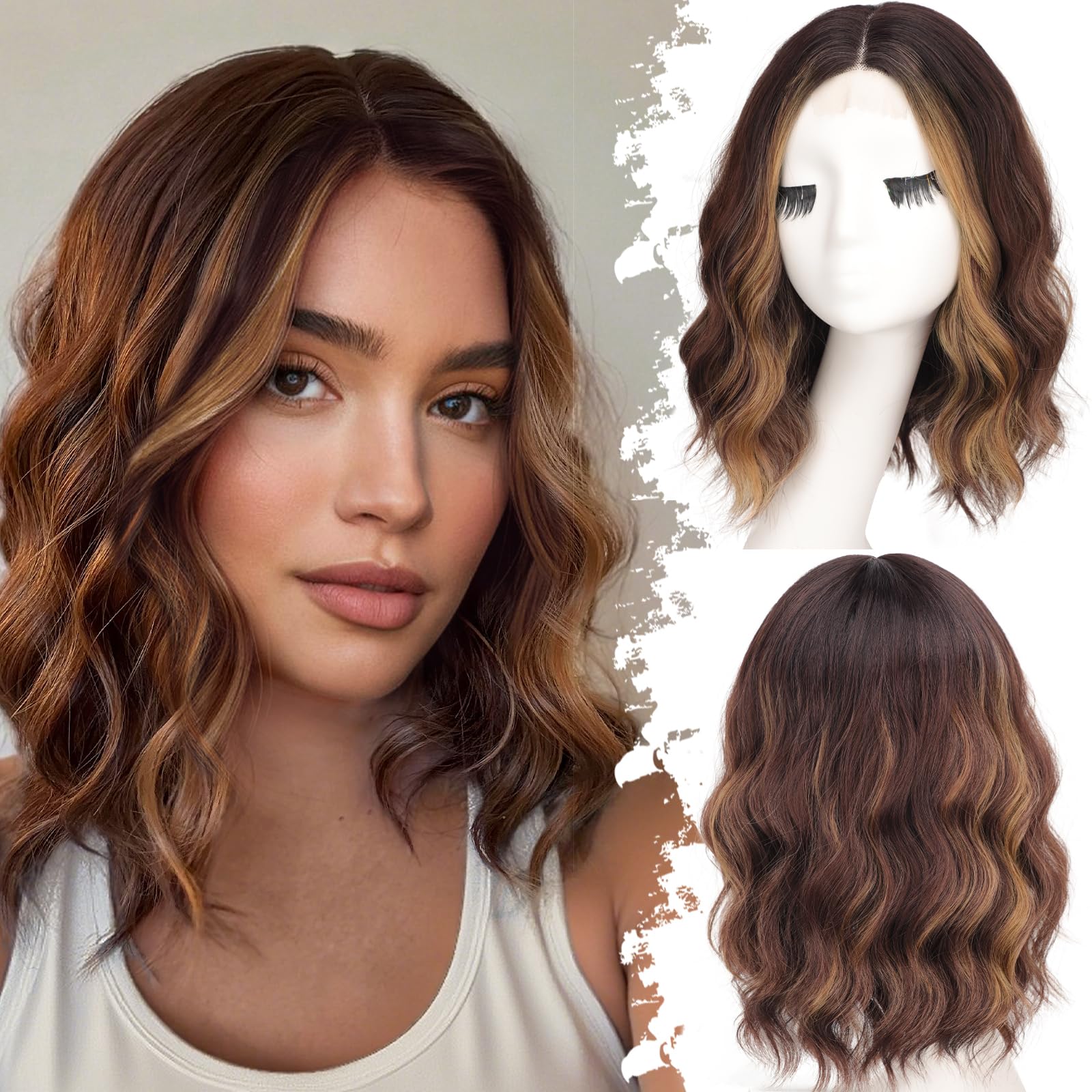 Photo 1 of Eawwii Brown with Caramel Highlights Short Wavy Wig for Women Lace Hairline Bob Style Synthetic Heat Resistant - Natural Appearance for Everyday Hairstyle 14 Inch