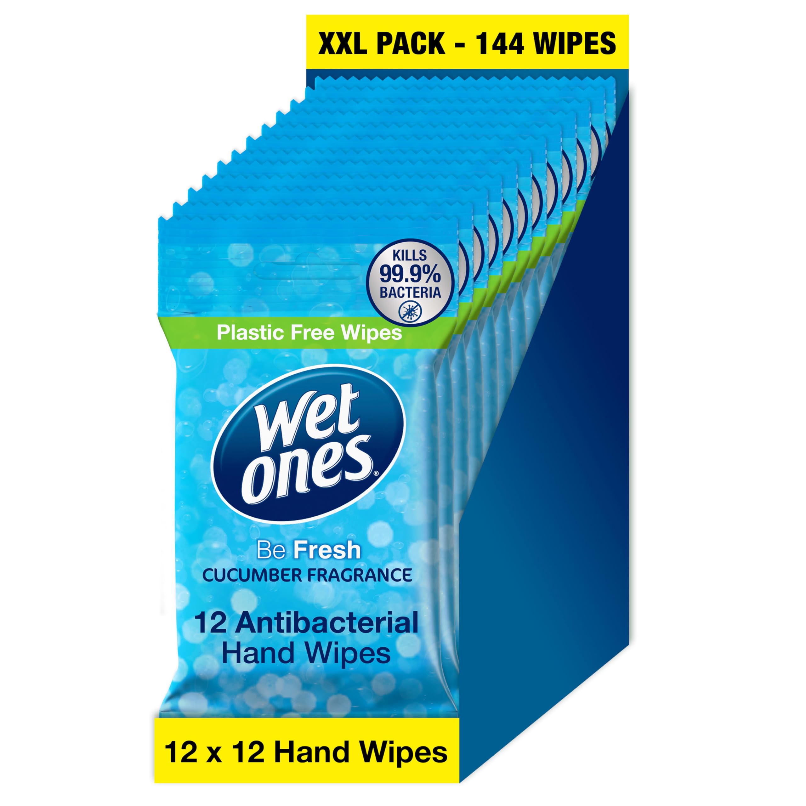 Wet Ones – Be Fresh – Plastic Free Antibacterial Pocket Size Hand Wipes - 144 wipes – 12 packs x 12 wipes