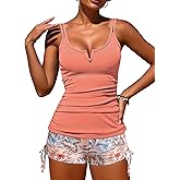 ZAFUL Women's V-Wire Tankini Swimsuits Tummy Control Ruched Top Two Piece Bathing Suits with High Waisted Shorts