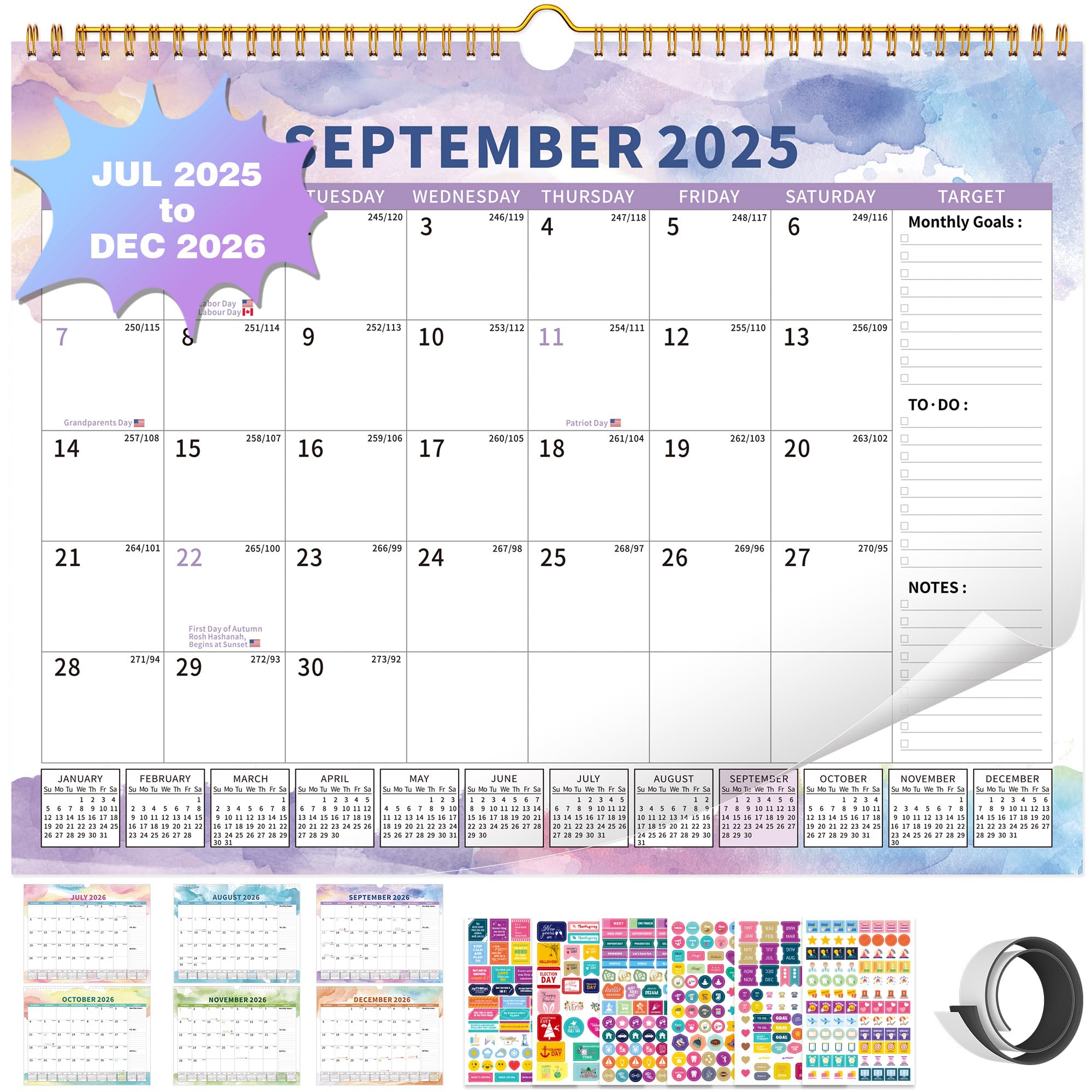 Photo 1 of 2025 Wall Calendar Planner Hanging Spiral Bound Magnetic Fridge Calendars 15" x 12", Use July 2025 - Dec 2026, Moire