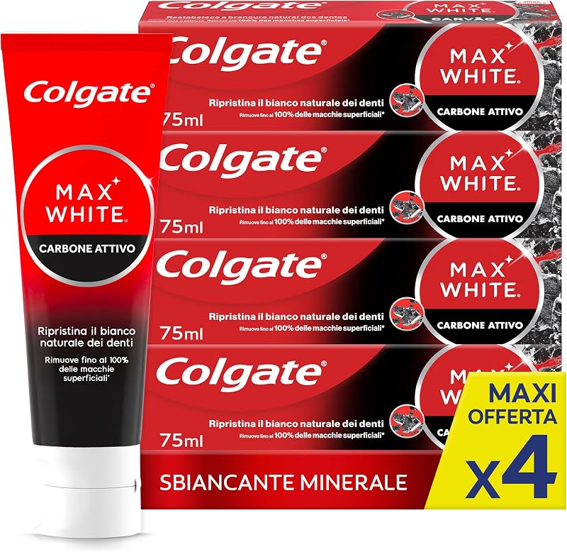 Dentifricio Sbiancante Max White Carbon 4 Confezioni da 75 ml I Dentifricio Minerale Delicato Al Carbone Attivo Per Denti Bianchil I Sbiancantemento denti I Bianco naturale
