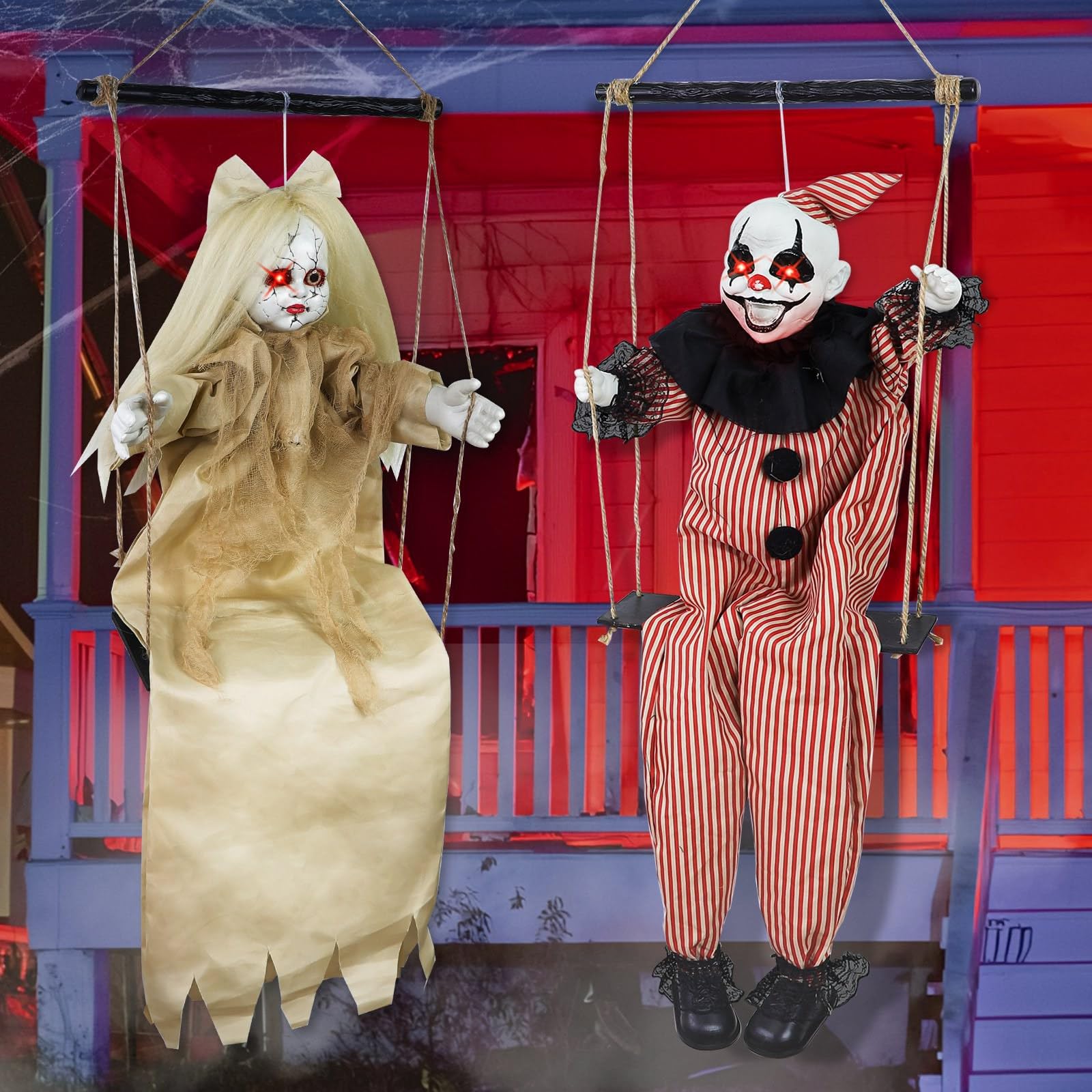 Photo 1 of [Sound Activated] 2 Pack Hanging Halloween Decorations Outdoor, 40" Hanging Swinging Clown and Girl Ghosts Decor with Lighted Up Eyes Creepy Sound Expressions for Halloween Party Porch Haunted House