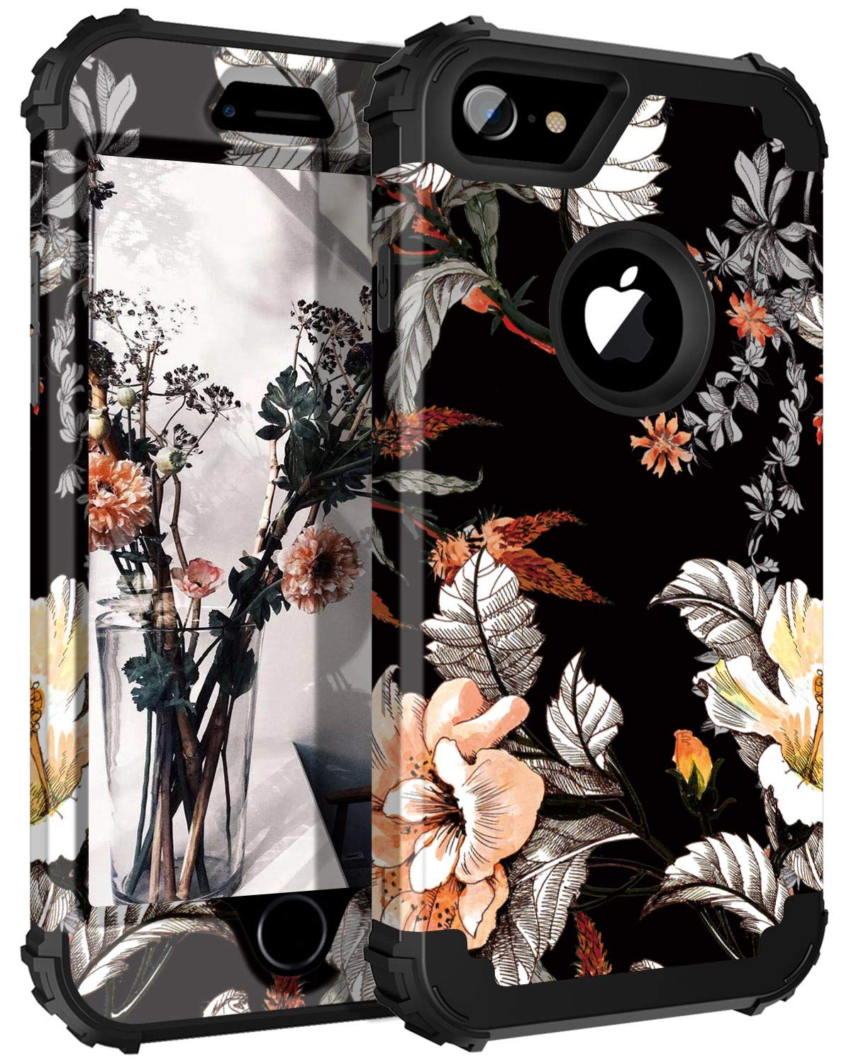 Casetego Compatible with iPhone 8 Case,iPhone 7 Case,Floral Three Layer Heavy Duty Hybrid Sturdy Shockproof Full Body Protective Cover Case for Apple iPhone 8/7,Orange Flower/Black