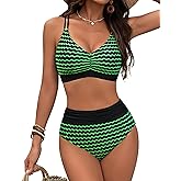 Blooming Jelly Womens High Waisted Bikini Sets Striped Tummy Control Swimsuits Color Block Two Piece Bathing Suit(XL,Green01)