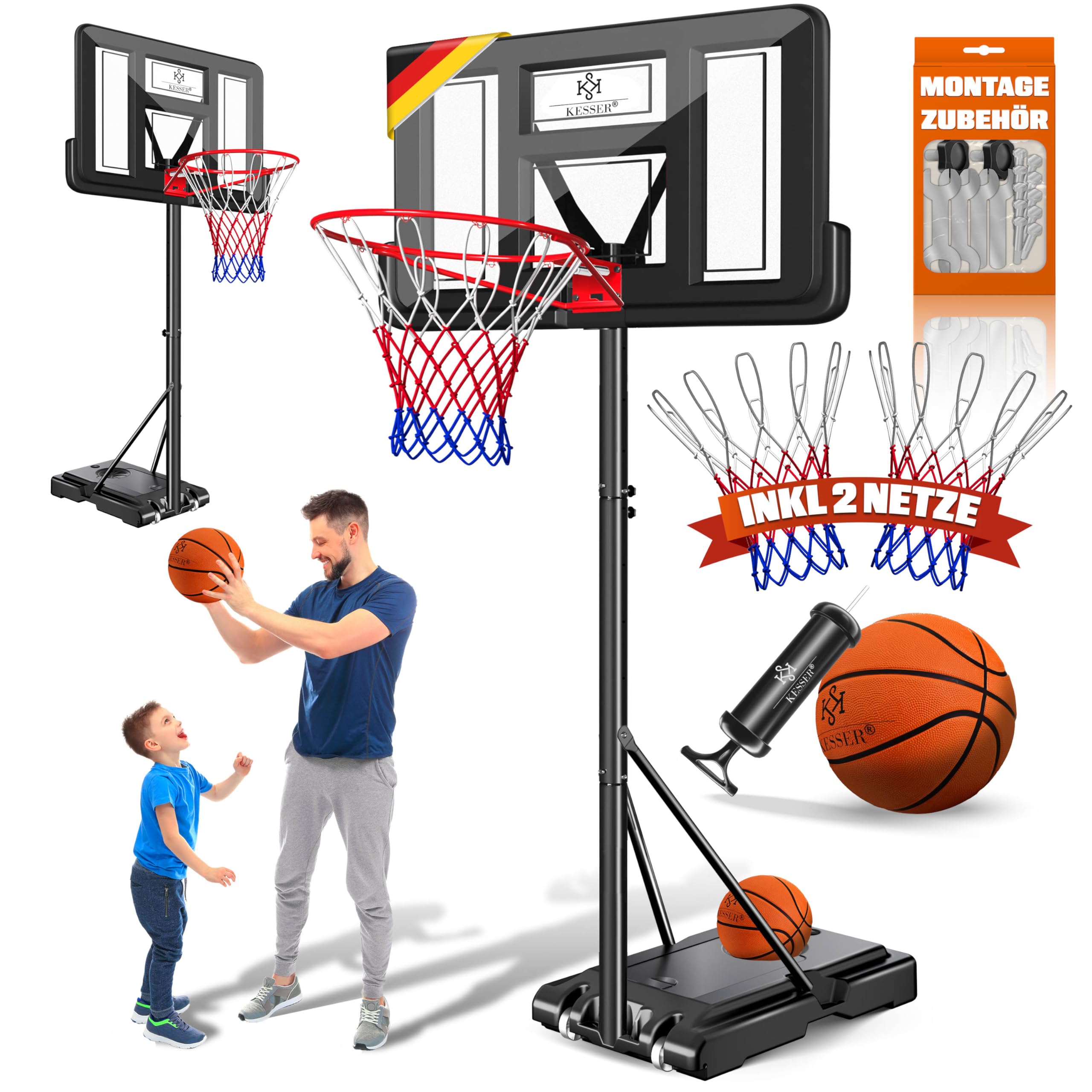 KESSER® Basketballkorb Set höhenverstellbar 160-210cm Mobiler Basketballständer mit Rollen, Backboard, Basketball, Pumpe & 2 Netzen - Indoor & Outdoor Basketballanlage für Kinder & Erwachsene Schwarz