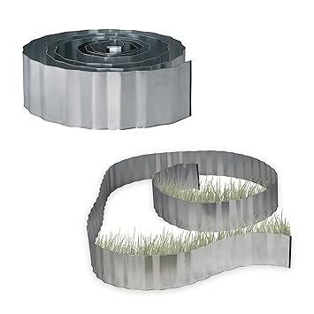 Relaxdays 2x Rasenkante verzinkt, Beetumrandung Metall, Beeteinfassung als Wurzelsperre, LxH: 5 m x 16 cm, flexibel, silber, 