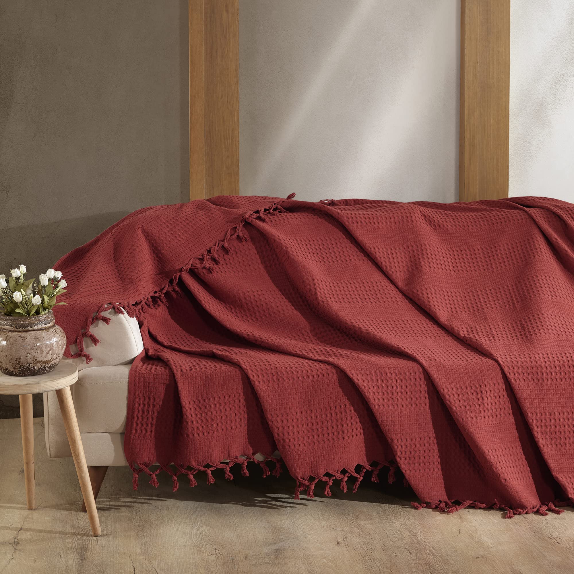 Milam London Burgundy Throw Blanket | Cotton Waffle Bedspreads King Size | Sofa Throws Large 3 Seater | Bed Throw King Size | Burgundy Blanket For Bed | Large Throws For Sofas 220 x 240 cm