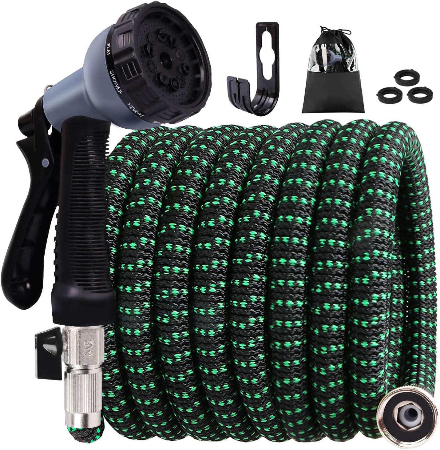 Expandable Garden Hose, 30ft Water Hose with Multilayer Latex Core, 3/4" Nickel-Plated Brass Fittings, Strength Stretch 3750D Fabric,Flexible Hose with 10 Functions Nozzle9(Black Green): Garden & Outdoor