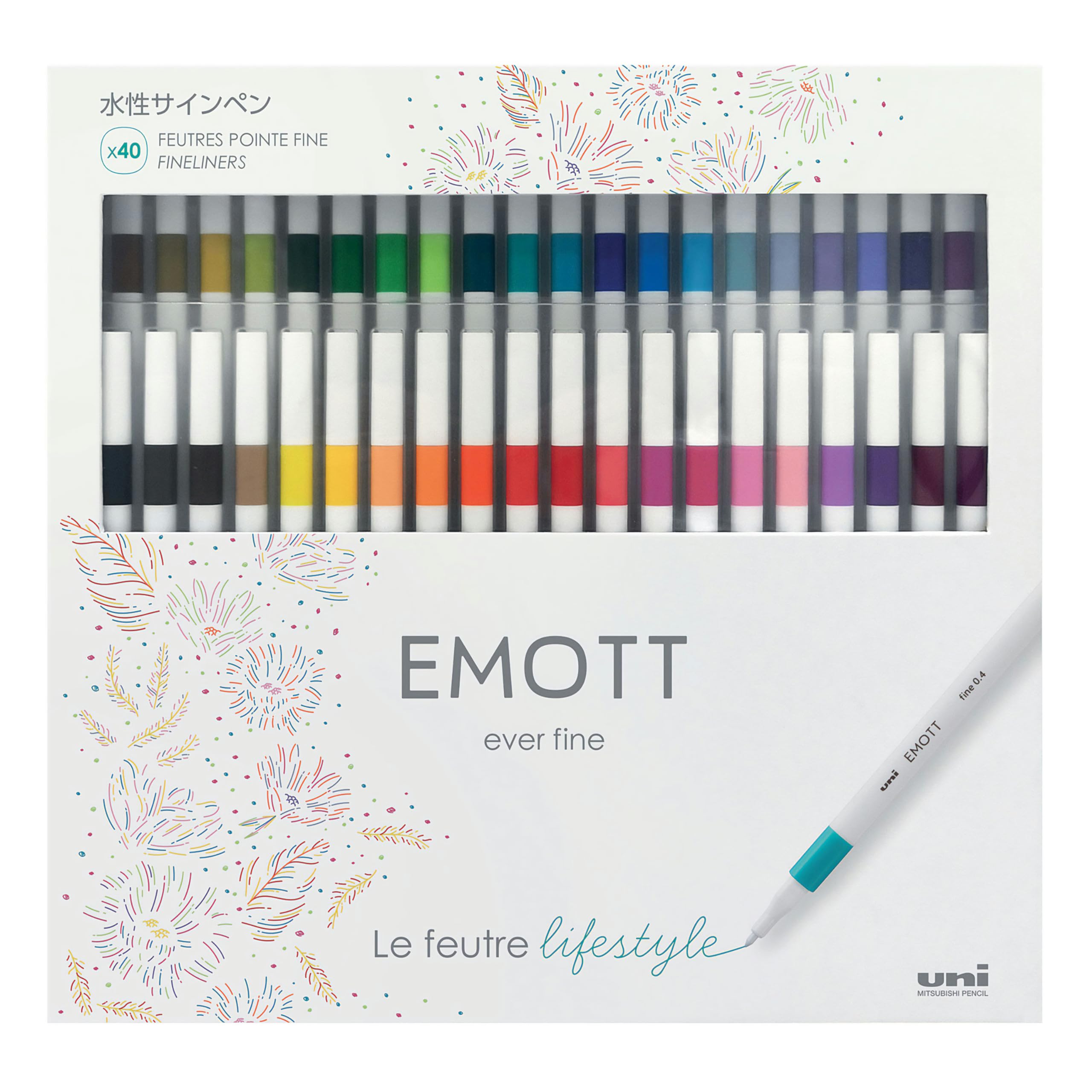 Uni-Ball 151742 - Set of fine felt tip pens Emott, 40 felt-tip pens 0.4 mm, pigmented ink, set of pens with elegant design