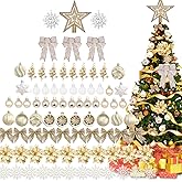 Christmas Tree Decoration Set, 88 Pcs Champagne Christmas Ornaments Set with Champagne Christmas Ornaments Balls,Christmas Glitter Poinsettia Flowers,Glitter Berries Stems,Snowflakes,Bow for Christma