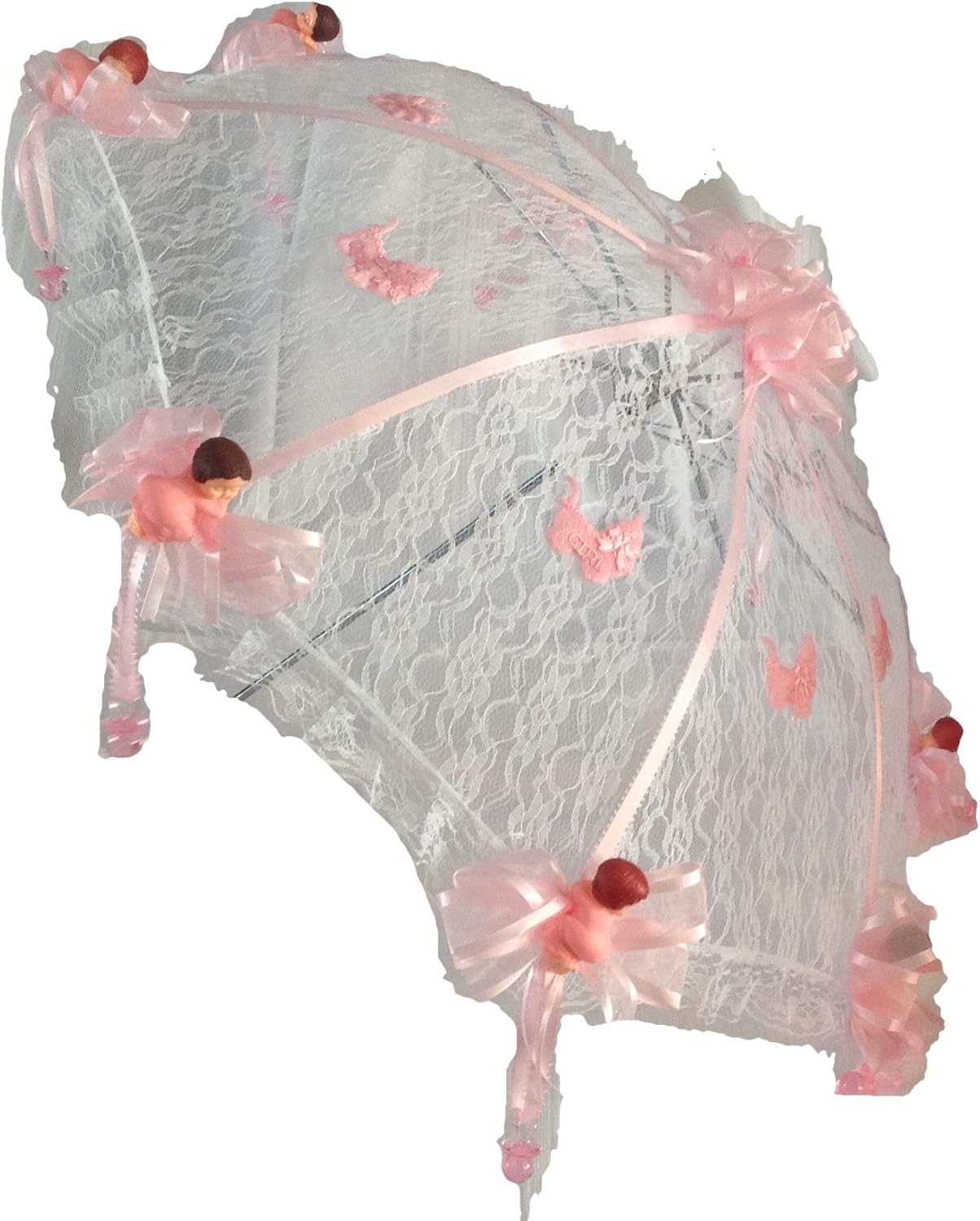 Amazoncom 36 White Lace Baby Shower Umbrella Pink Babies Hanging Pacifiers