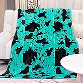 Teal Fleece Blanket Twin Size - Plush Soft Warm Turquoise Cow Print Throw for Bed, Couch, Sofa, Room Decor & Gifts