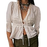 Women Tie Front Peplum Tops Sheer Lace Patchwork Short Sleeve Blouse Fairy Ruffle Babydoll Shirt Cute Going Out Top