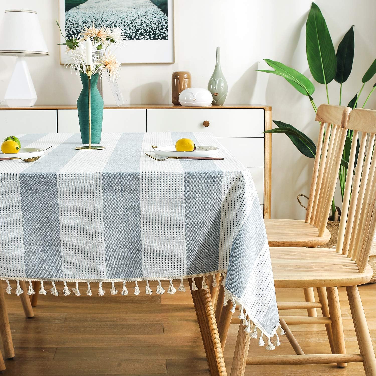 AmHoo Striped Tassel Cotton Linen Tablecloth Washable Rectanglar Table Covers for Kictchen Dining Table Decoration 54 x 102 Inch Blue