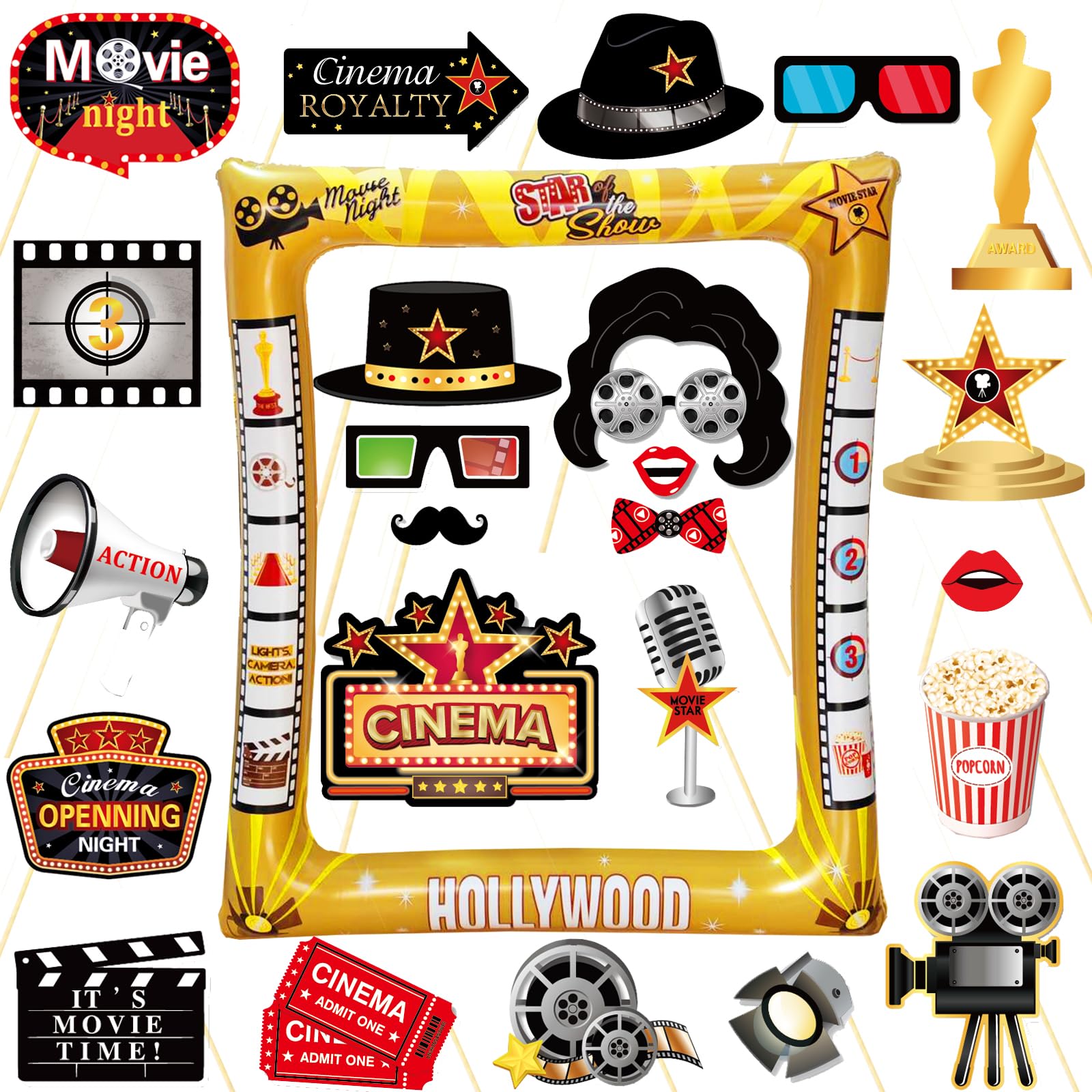 LMSHOWOWO Movie Night Party Accessories, 25PCS Movie Night Photo Booth Props, Inflatable Photo Booth Frame, Hollywood Inflatable Selfie Frame, for Hollywood Themed Party Decorations