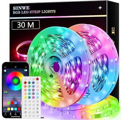 SINWE 30M Led Strip Lights RGB Music Sync with 44 Key Remote App Control 100FT