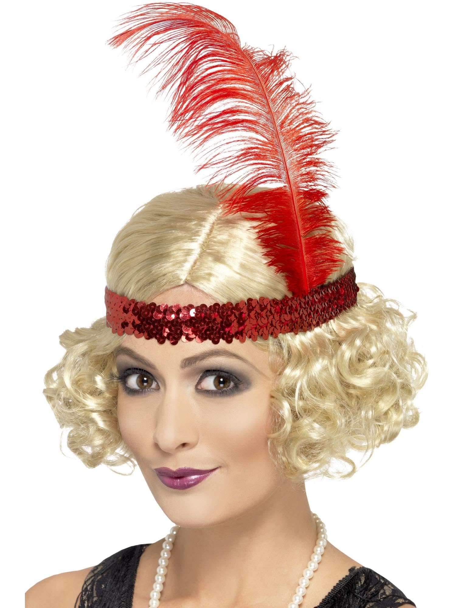Smiffys Charleston Wig, Blonde Curly with Sequin Headband, 1920's Razzle Fancy Dress, Adult Dress Up Wigs