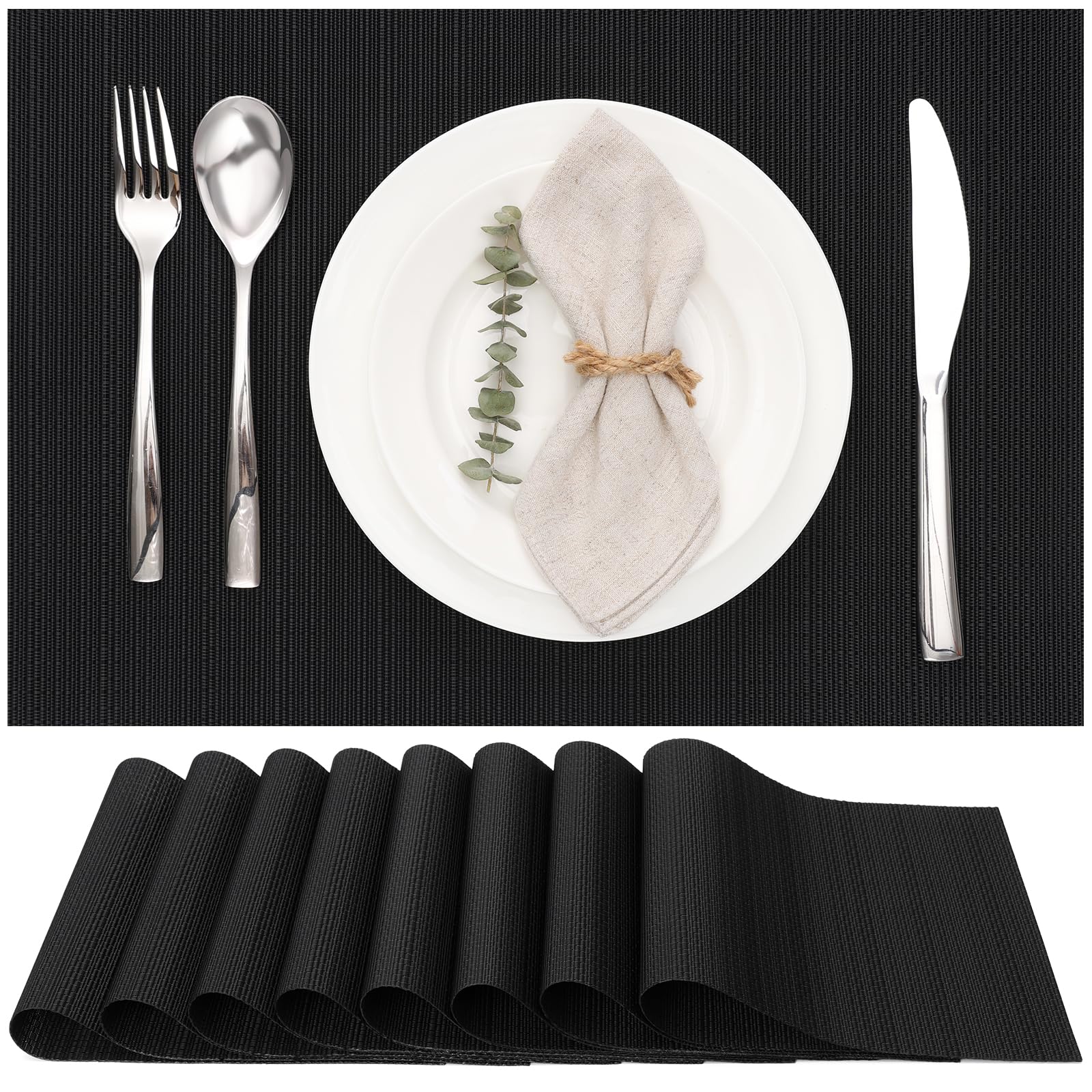 Myir JUN Table Mats Set of 8, Place Mats Table Placemats Washable Non-slip Heat Insulation Woven Vinyl for Kitchen Dinning Restaurant 17"X12" (Black)