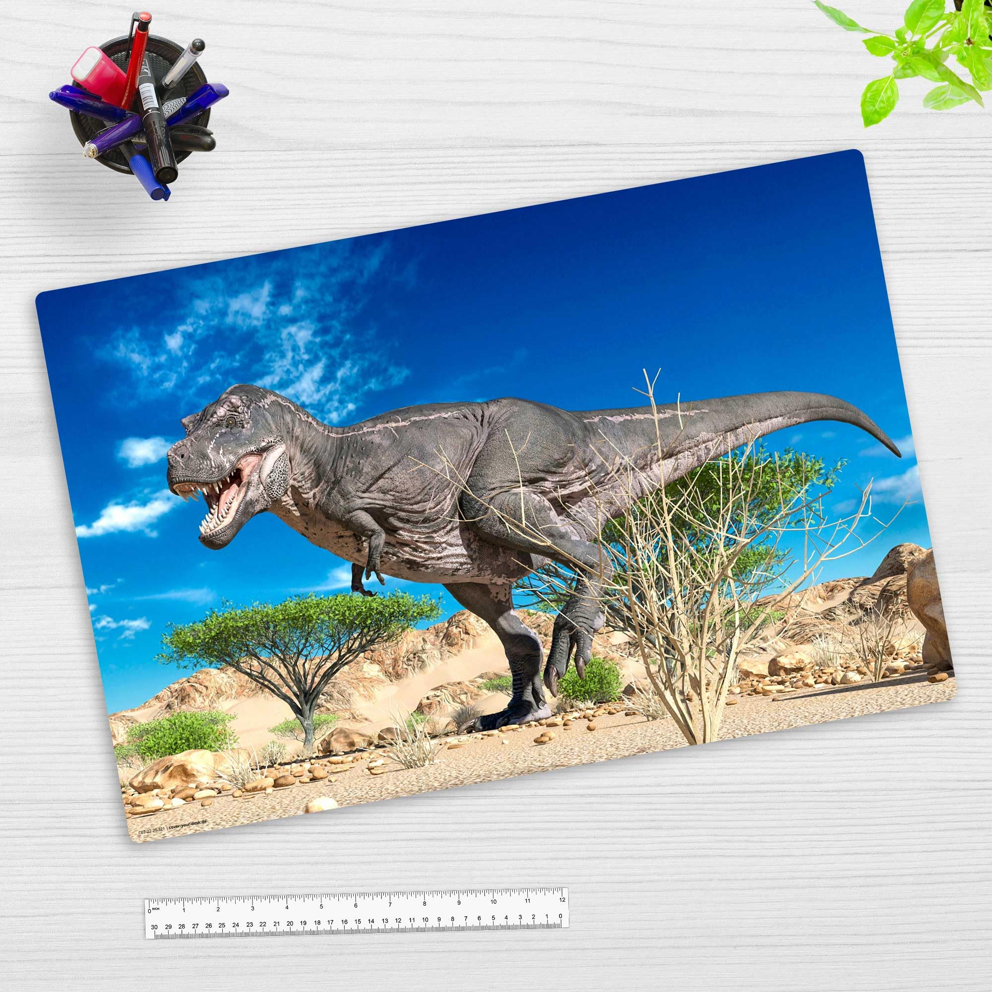 Desk pad for Children and Adults - Hungry T-Rex Looking for Booy - Made of Premium Durable Vinyl (Plastic - BPA Free) - 60 x 40 cm - Desk mat Made in Germany