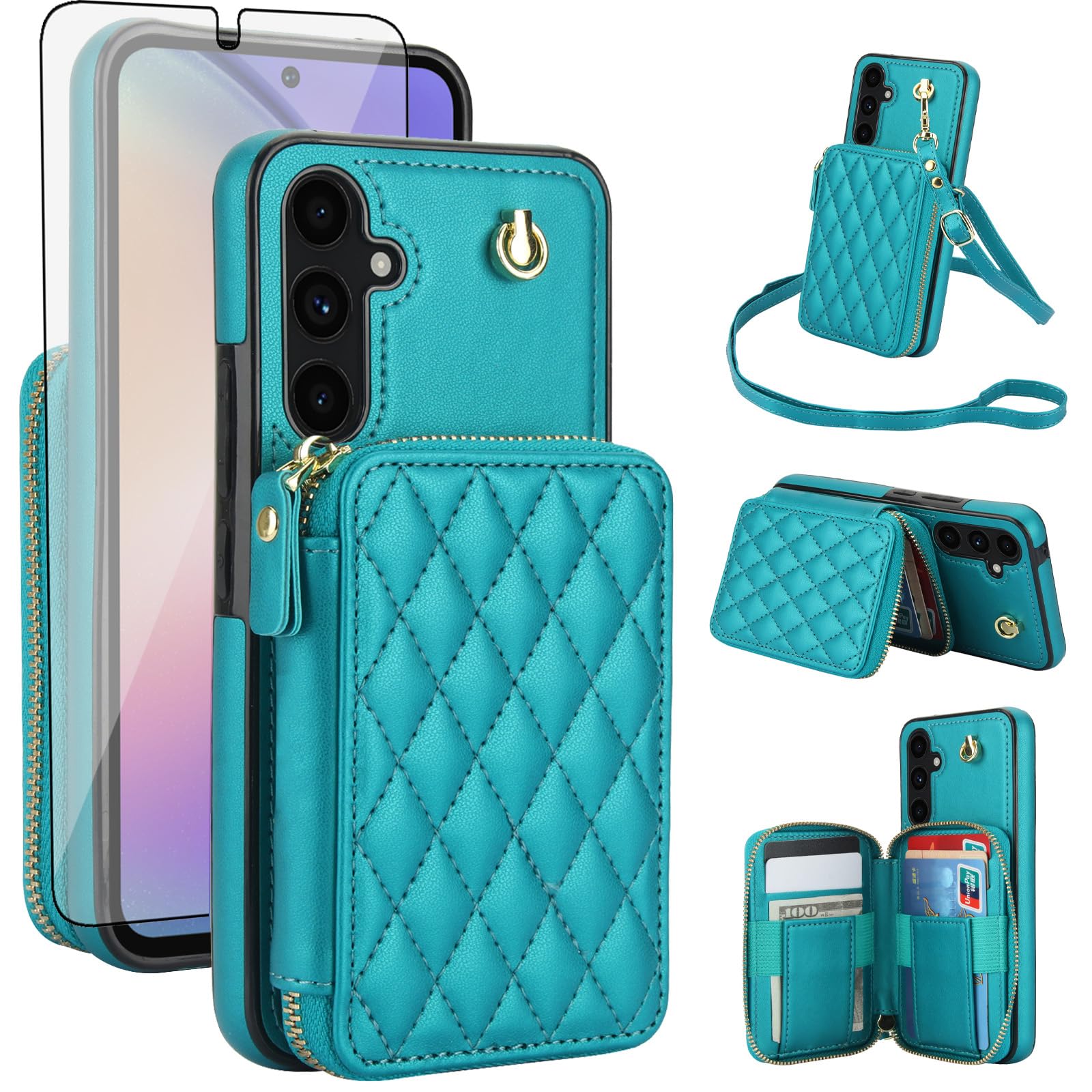 Photo 1 of Phone Case for Samsung Galaxy A54 5G Wallet Cell Cover with Tempered Glass Screen Protector Wrist Crossbody Strap Stand RFID Blocking Credit Card Holder A545G A 54 54A 4G G5 SM A546U Women Girls Green