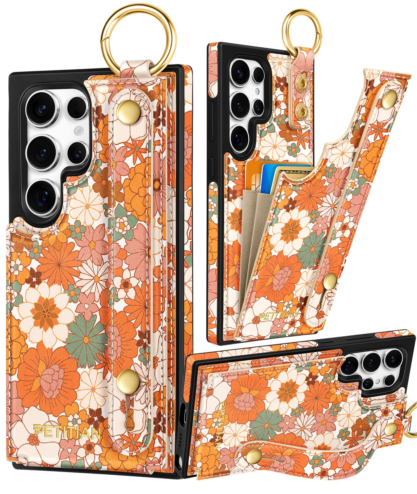 Photo 1 of Petitian for Samsung Galaxy S25 Ultra Case with Wallet - Women Girls Cute Girly Aesthetic Unique Design Leather Credit Card Holder Cardholder Stand Wristband for S25 Ultra, Orange Floral