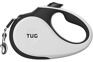 TUG 360° Tangle-Free Retractable Dog Leash | 16 ft Strong Nylon Tape | One-Handed Brake, Pause, Lock (Medium, White)