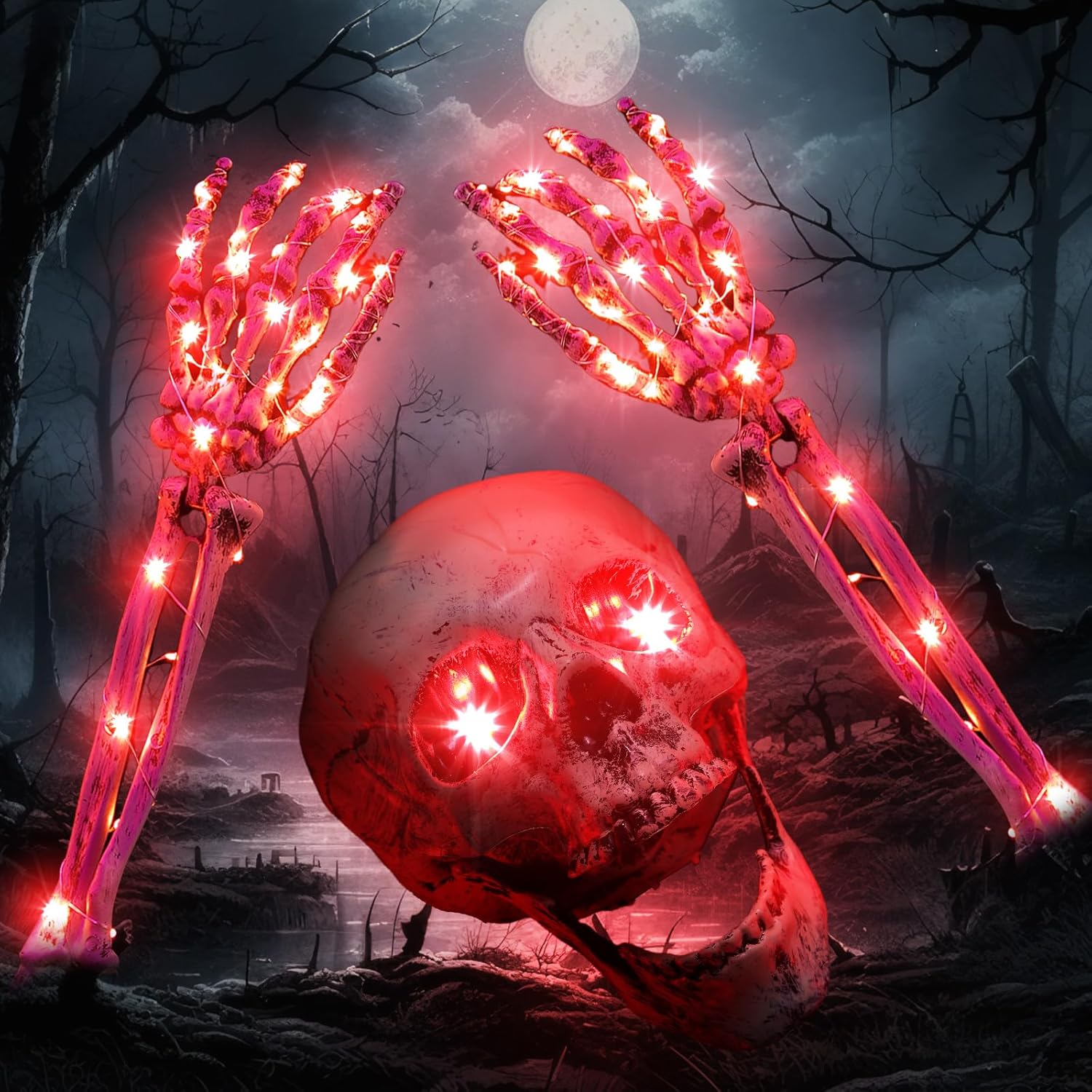 Decorative Garden Stakes - VIHOSE 3 Pack Halloween Skeleton Decors Light Up Skull Hands Stakes Battery Operated Realistic LED Skeleton Arm Stakes for Halloween Indoor Outdoor Graveyard Lawn Garden Decor (Red Light)