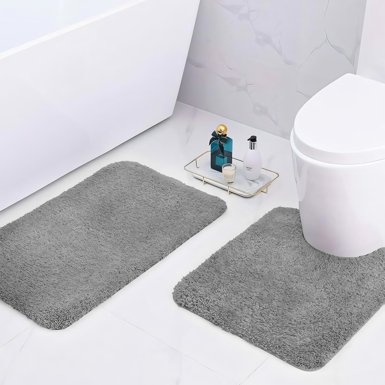 wyewye Microfibre Bath Mats, 2cm Super Thick Bath Rugs, Super Absorbent Bathroom Rugs 50x80cm and 50x50cm U-shape, Grey