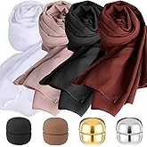 ShinyMatch 4 Set Muslim Hijab Scarfs with Magnetic Pins Chiffon Head Wrap Scarf for Women Soft Head Scarves Long Wraps Muslim Scarf Strength Hijab Pins Ramadan Outfit for Women