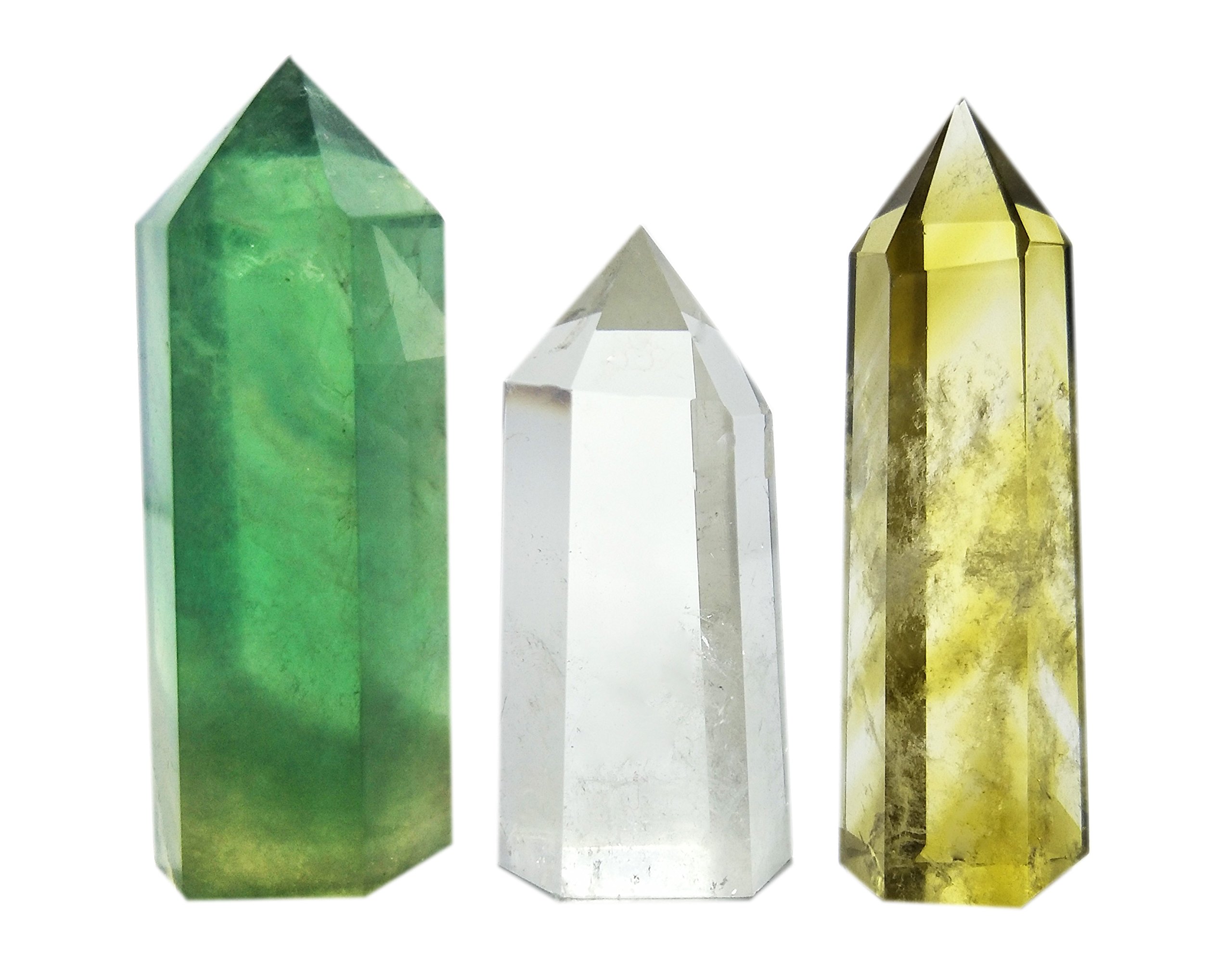 Set of 3 Crystal Wands of Clear Quartz, Yellow Quartz & Fluorite Stone,Pointed & Faceted for Healing Reiki Chakra Meditation Therapy Decor