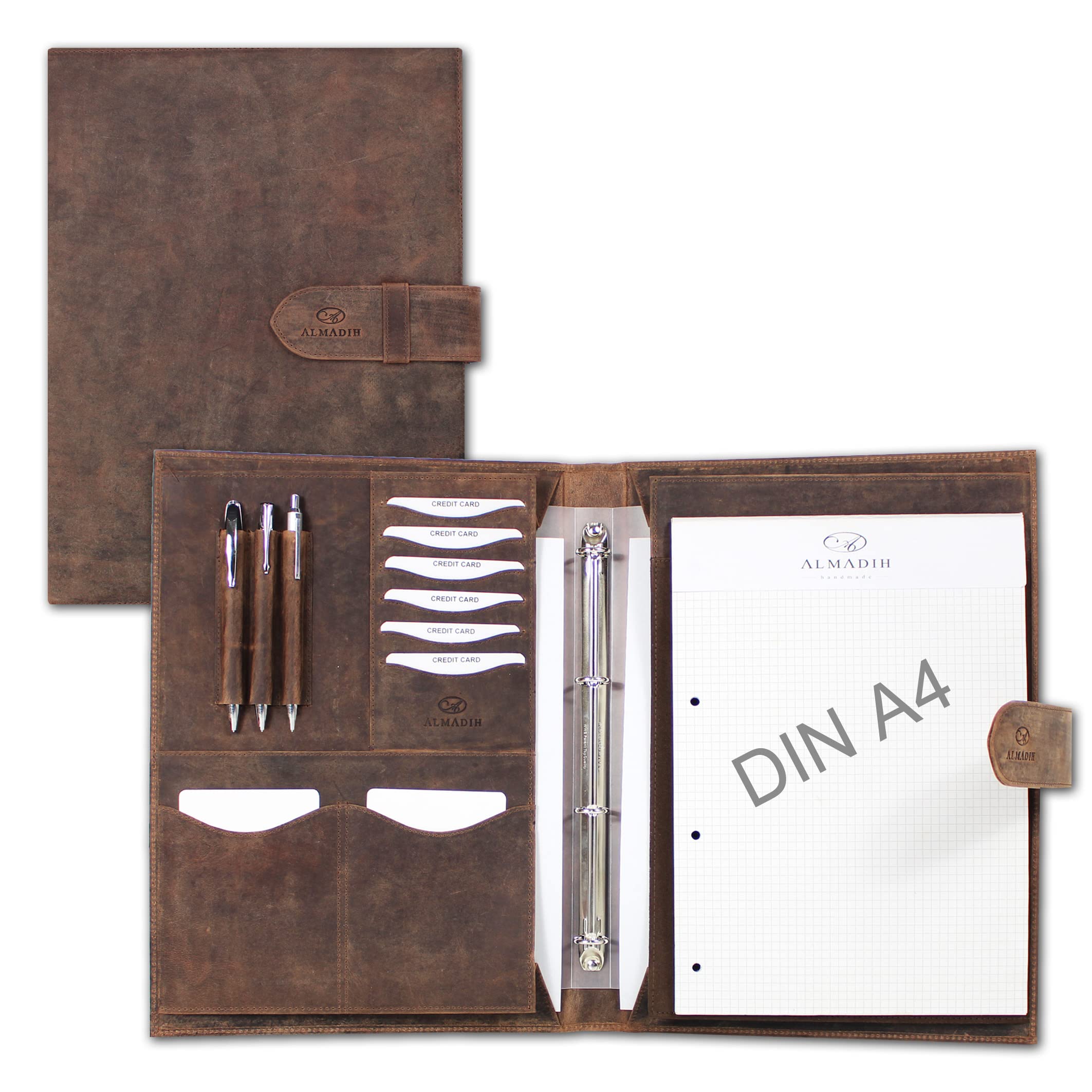 ALMADIH Leather A4 Conference Folder with detachable Ring Binder + Writing Pad made from Premium Cow Leather brown vintage – Business Writing Case Organiser Personal Planner System Portfolio Folio Workbook Datebook Schedule Diary Organizer Sleeve File Document CV