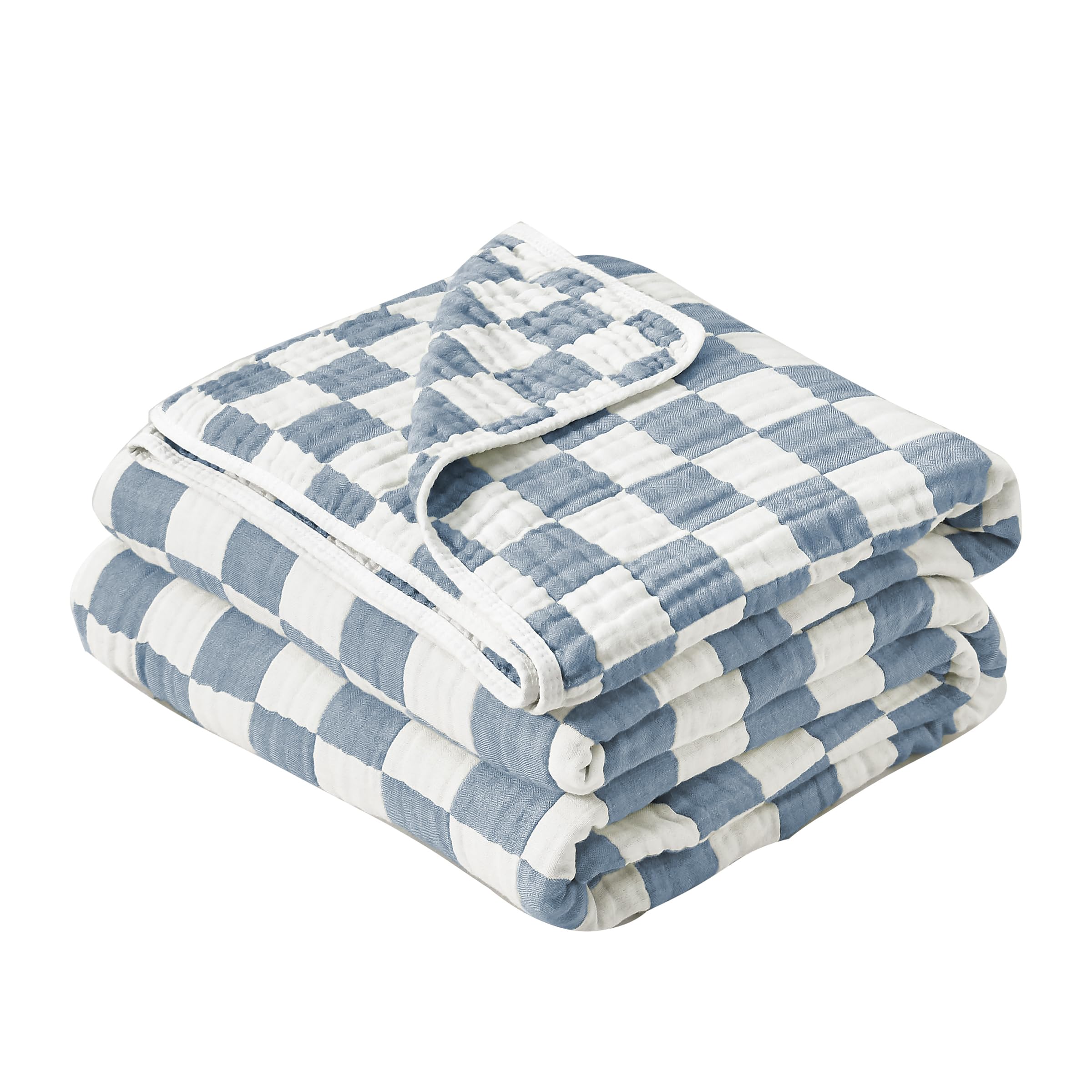 Photo 1 of Ultra Soft Cozy 100% Cotton 6-Layer Muslin Baby Blanket 41"x41" Breathable Lightweight Checkered Swaddle Blankets for Baby Boys Essentials Birthday Gifts All Seasons Both Sides (Blue)