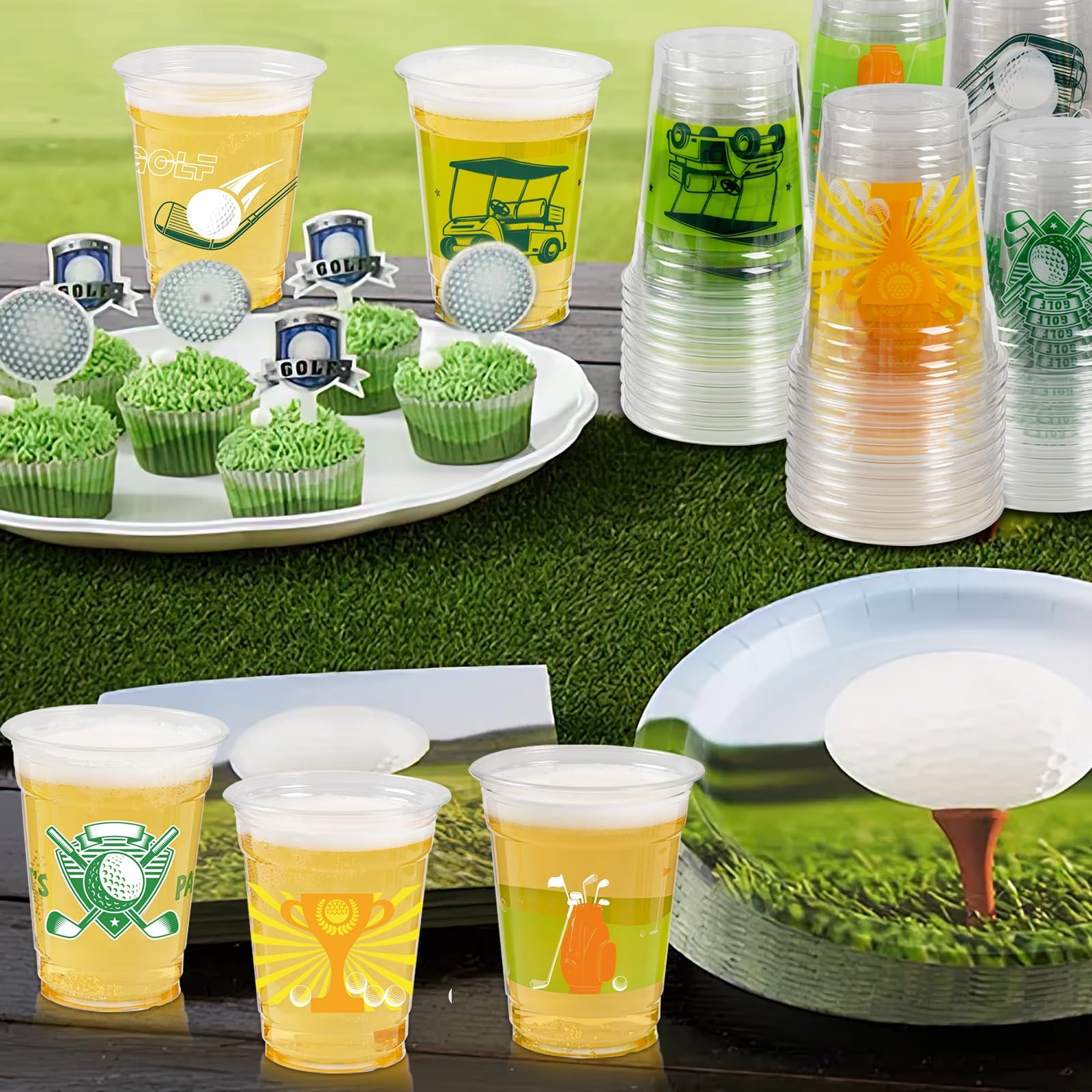50 Pack Golf Ball Party Cups - 12oz Clear Plastic Drinking Cups, Green Disposable Masters Golf Birthday Bachelor Party Decorations Supplies