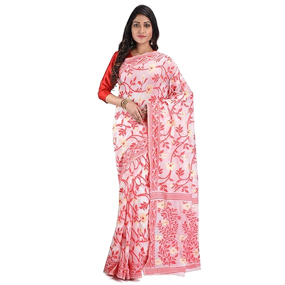 Women's Jamdani Cotton Silk Saree With Blouse Piece (DB281119JAMDANI4_Red & White)