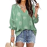 Triratna Womens Summer Blouses Flowy Casual V-Neck Front Tie Tops 3/4 Sleeve with Elastic Cuffs Vacation Shirts Boho