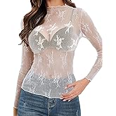 Buauty Mesh Long Sleeve Top for Women, Lace Sheer Tops See Through Mock Neck Floral Embroidery Sheer Blouce Fishnet Shirt