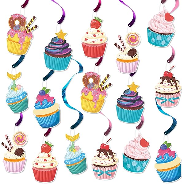 16PCS Cupcake Hanging Swirls - Ice Cream Ceiling Decorations For Parties
