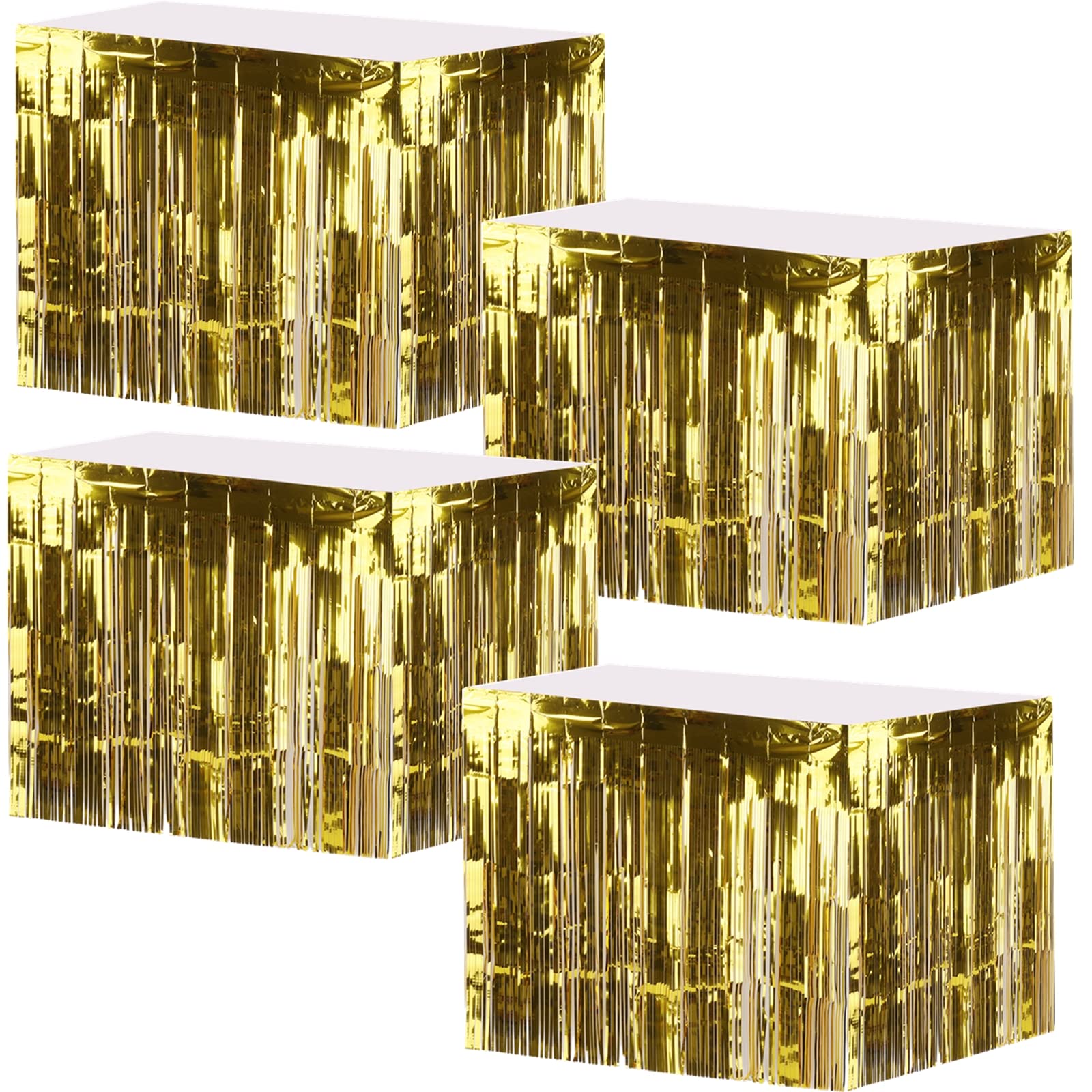 Yopay 4 Pack Metallic Foil Fringe Table Skirt, Gold Shiny Tinsel Tassle Banner for Mardi Gras, Bridal Shower, Wedding, Party Decoration, 108" X 29"/ Each Table Skirt