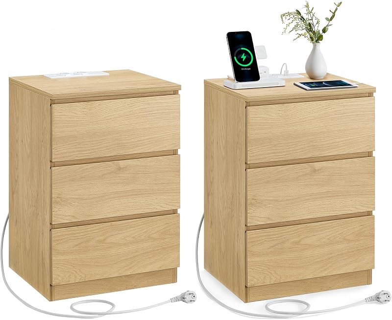 Coleção KAILYN - Mesa de cabeceira com estação de carregamento, conjunto de 2, mesa lateral com 3 gavetas, 2 tomadas AC, 2 portas USB, quarto, escritório, amarelo palha LET831Y70