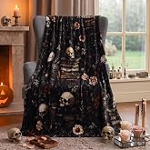 Halloween Skull Book Throw Blanket Goth Dark Floral Soft Flannel Cozy Blanket Gifts for Book Lovers, Readers, Bookish, Librarians, Bookworms,Dark Aesthetic Decor for Couch, Bed, Reading Room 60"x50"
