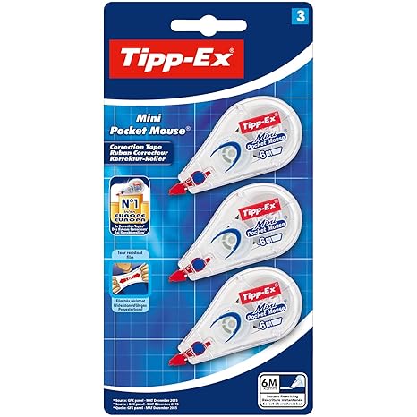 Tipp-Ex Mini Pocket Mouse Korrekturroller – Korrekturband 6m x 5mm – Blister à 3 Stück, Weiß
